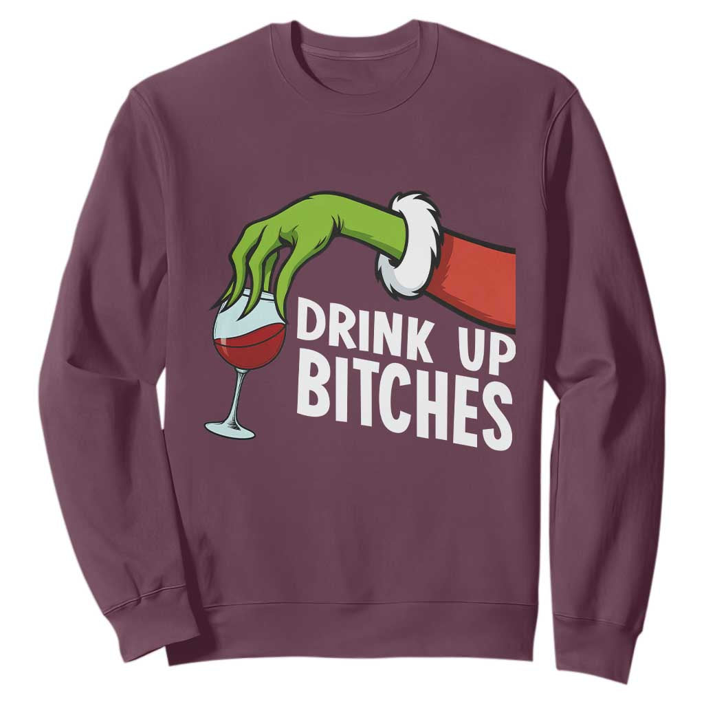 Funny Christmas Wine Sweatshirt Drink Up Bitches TS14 Maroon Print Your Wear