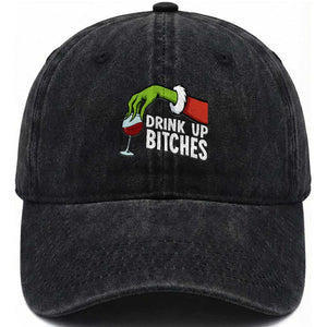 Funny Christmas Wine Washed Cotton Baseball Cap Drink Up Bitches TS14 Washed Cap Universal Fit Black Print Your Wear