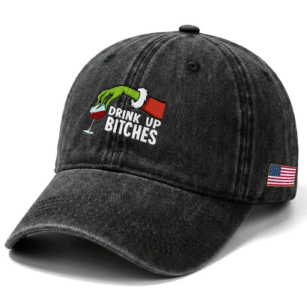 Funny Christmas Wine Washed Cotton Baseball Cap Drink Up Bitches TS14 Print Your Wear