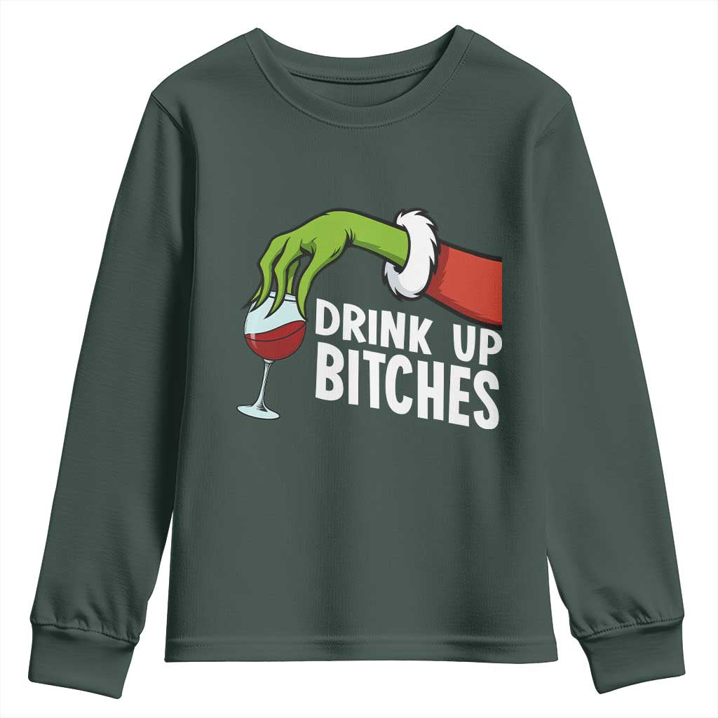 Funny Christmas Wine Youth Sweatshirt Drink Up Bitches TS14 Dark Forest Green Print Your Wear