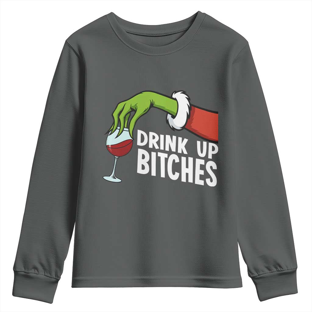 Funny Christmas Wine Youth Sweatshirt Drink Up Bitches TS14 Dark Heather Print Your Wear