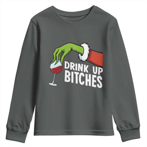 Funny Christmas Wine Youth Sweatshirt Drink Up Bitches TS14 Dark Heather Print Your Wear