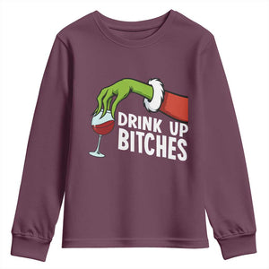 Funny Christmas Wine Youth Sweatshirt Drink Up Bitches TS14 Maroon Print Your Wear