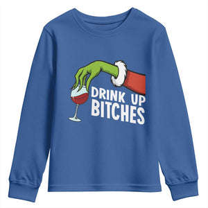 Funny Christmas Wine Youth Sweatshirt Drink Up Bitches TS14 Royal Blue Print Your Wear
