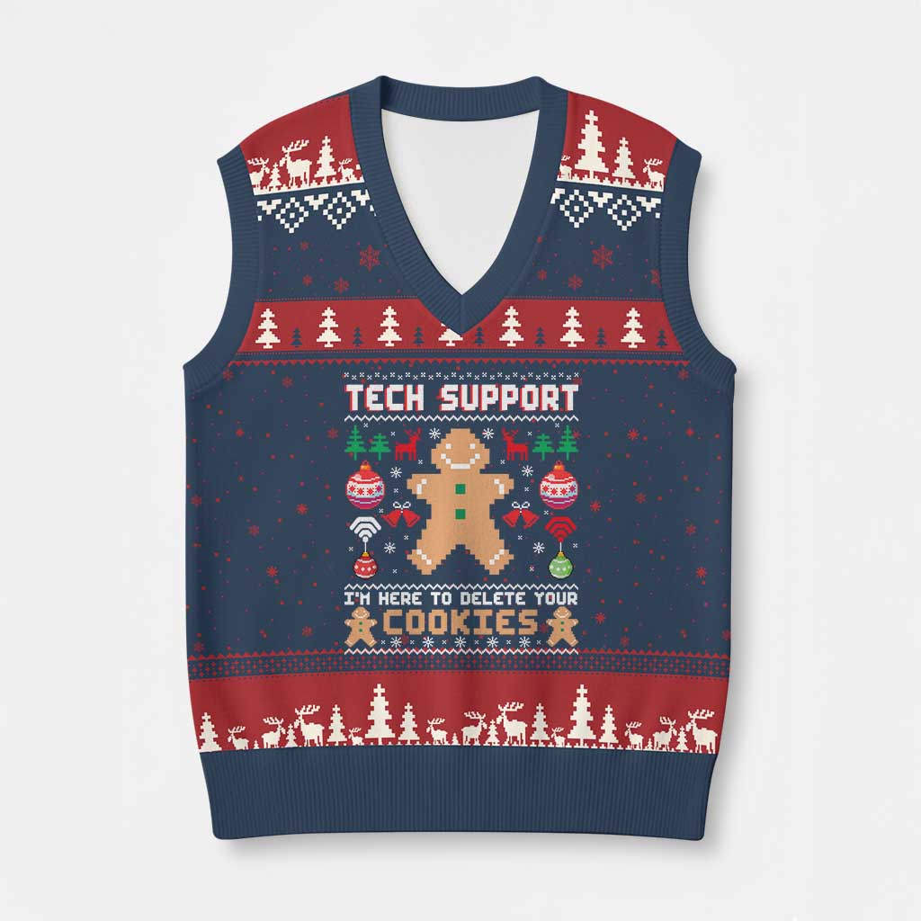 Tech Support Xmas V-Neck Knit Sweater Vest I Am Here To Delete Your Cookies TS14 Navy Red Print Your Wear
