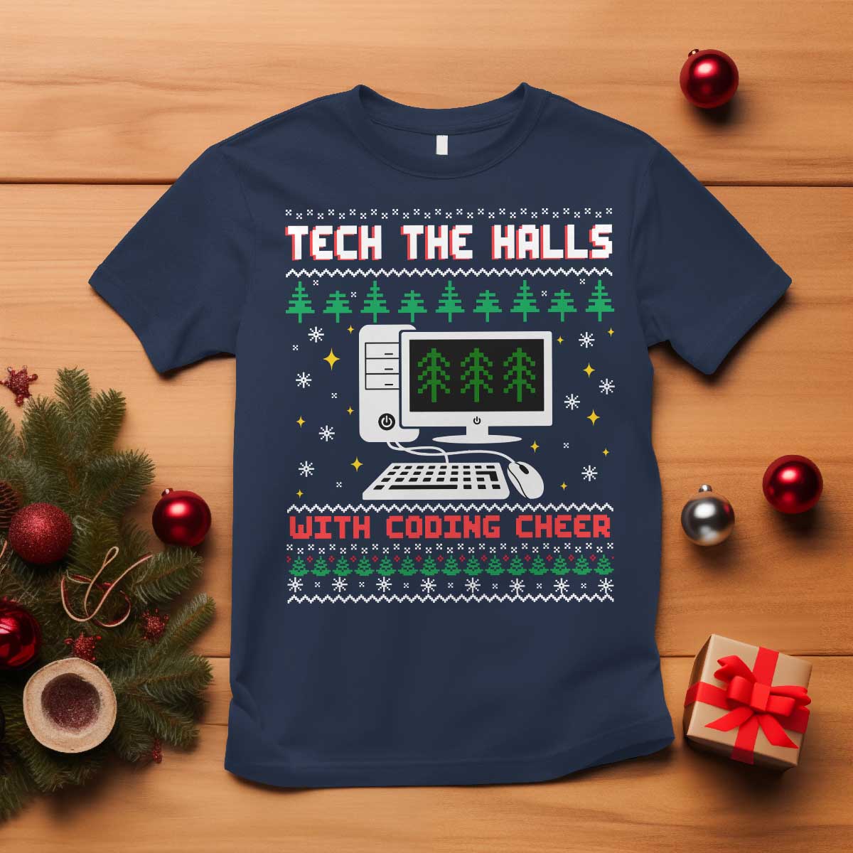 Tech Support Christmas T Shirt Tech The Halls With Cooking Cheer TS14 Navy Print Your Wear