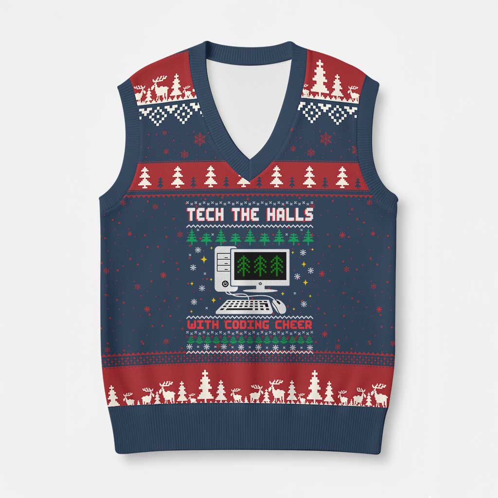 Tech Support Xmas V-Neck Knit Sweater Vest Tech The Halls With Cooking Cheer TS14 Navy Red Print Your Wear