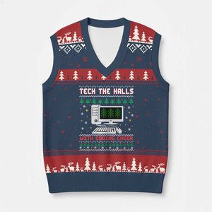 Tech Support Xmas V-Neck Knit Sweater Vest Tech The Halls With Cooking Cheer TS14 Navy Red Print Your Wear