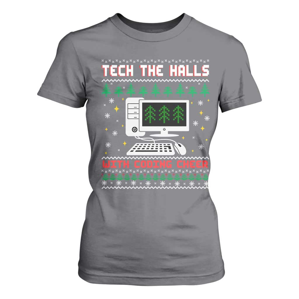 Tech Support Christmas T Shirt For Women Tech The Halls With Cooking Cheer TS14 Charcoal Print Your Wear