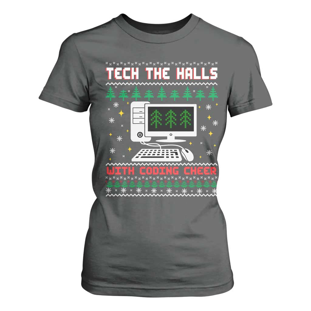 Tech Support Christmas T Shirt For Women Tech The Halls With Cooking Cheer TS14 Dark Heather Print Your Wear