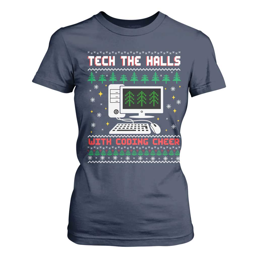 Tech Support Christmas T Shirt For Women Tech The Halls With Cooking Cheer TS14 Navy Print Your Wear