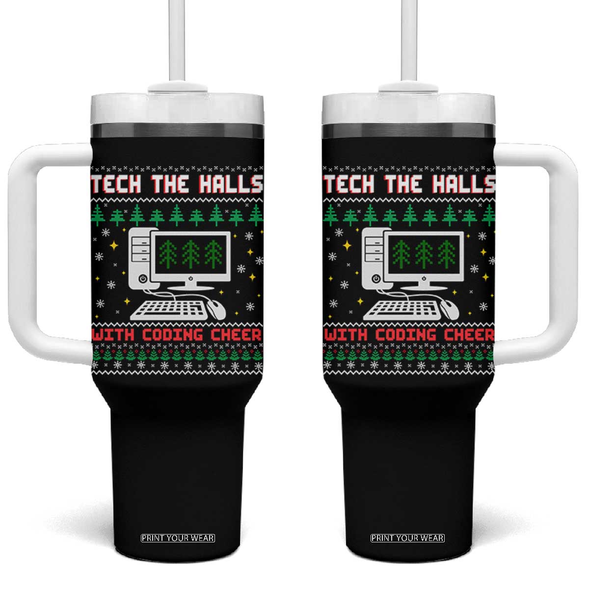 Tech Support Christmas Tumbler With Handle Tech The Halls With Cooking Cheer TS14 One Size: 40 oz Black Print Your Wear
