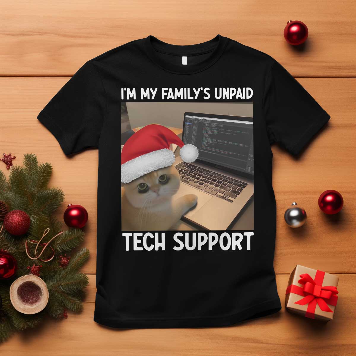 Funny Tech Support Cat Christmas T Shirt TS14 Black Print Your Wear