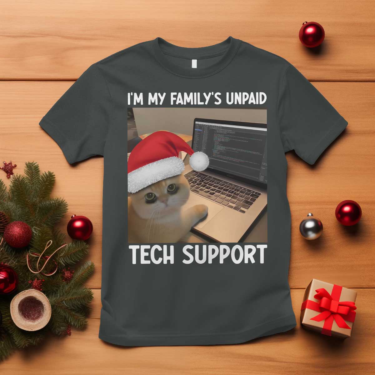 Funny Tech Support Cat Christmas T Shirt TS14 Dark Heather Print Your Wear