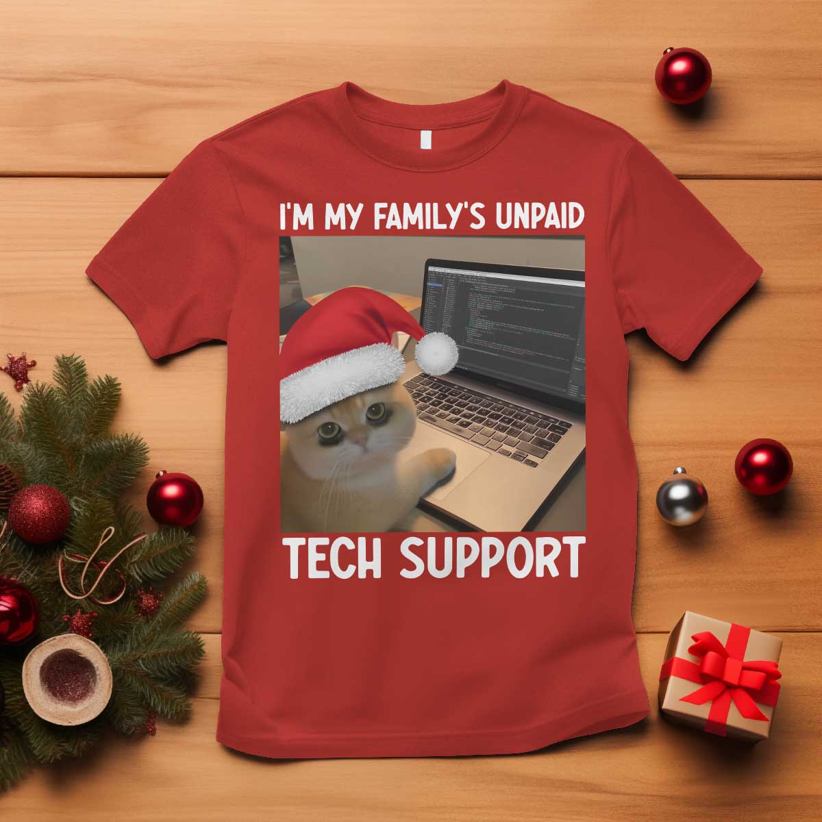 Funny Tech Support Cat Christmas T Shirt TS14 Red Print Your Wear