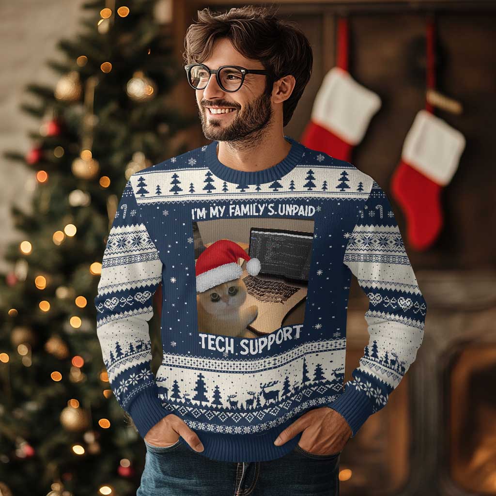 Funny Tech Support Cat Xmas Ugly Christmas Sweater TS14 Navy Beige Print Your Wear