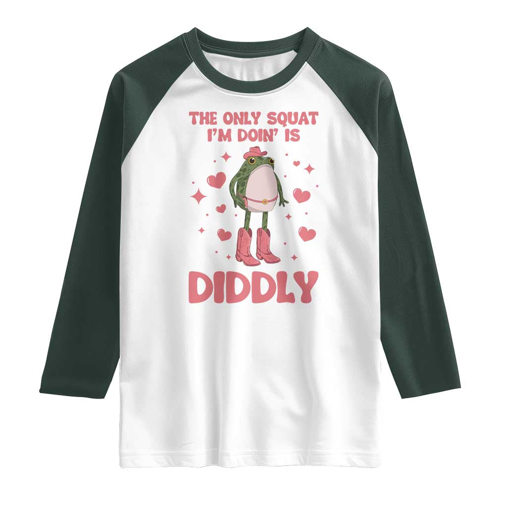 Funny Cowboy Frog Raglan Shirt The Only Squat I'm Doin' Is Diddly TS14 White Dark Forest Green Print Your Wear