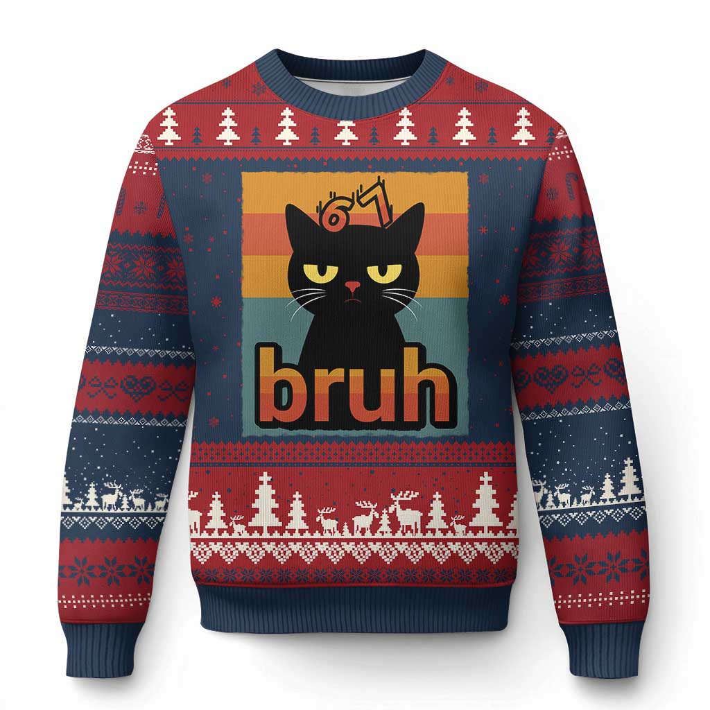 67 Six Seven Bruh Cat Meme Ugly Christmas Sweater Cute Black Cat Funny Saying TS14 Navy Red Print Your Wear