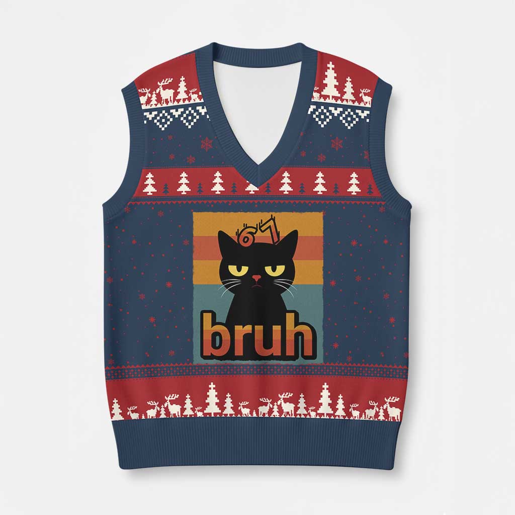 67 Six Seven Bruh Cat Meme V-Neck Knit Sweater Vest Cute Black Cat Funny Saying TS14 Navy Red Print Your Wear