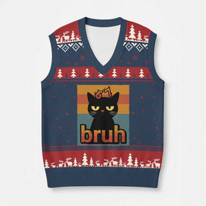 67 Six Seven Bruh Cat Meme V-Neck Knit Sweater Vest Cute Black Cat Funny Saying TS14 Navy Red Print Your Wear