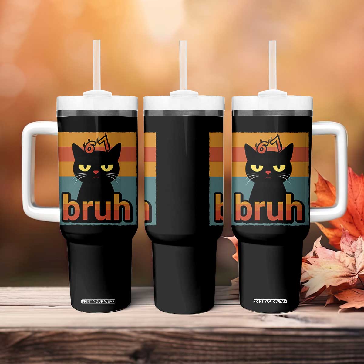 67 Six Seven Bruh Cat Meme Tumbler With Handle Cute Black Cat Funny Saying TS14 Print Your Wear