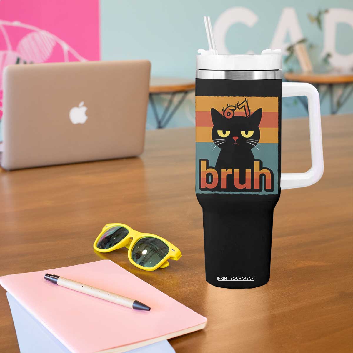 67 Six Seven Bruh Cat Meme Tumbler With Handle Cute Black Cat Funny Saying TS14 Print Your Wear