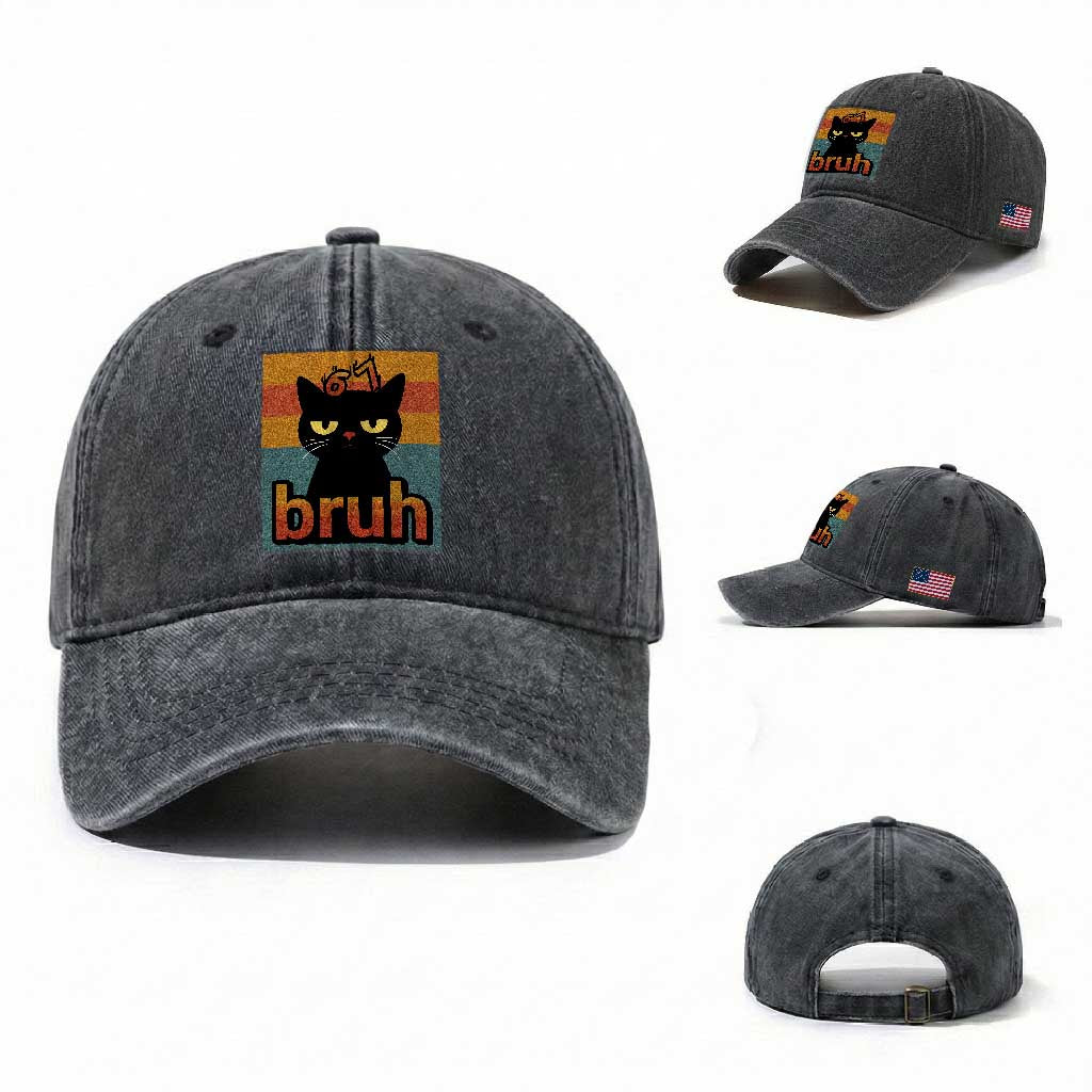 67 Six Seven Bruh Cat Meme Washed Cotton Baseball Cap Cute Black Cat Funny Saying TS14 Washed Cap Universal Fit Dark Gray Print Your Wear