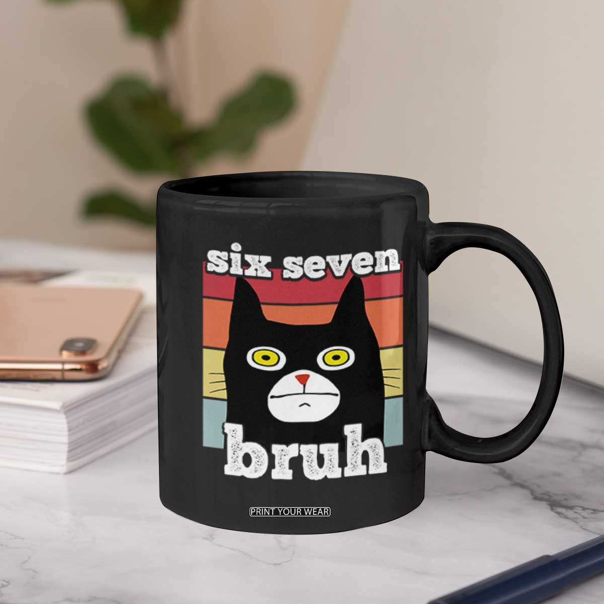 67 Bruh Meme Coffee Mug Funny Six Seven Black Cat TS14 Print Your Wear