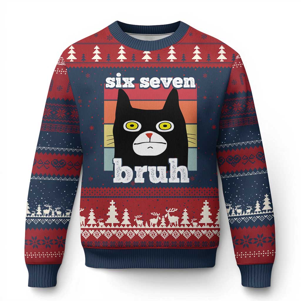 67 Bruh Meme Ugly Christmas Sweater Funny Six Seven Black Cat TS14 Navy Red Print Your Wear
