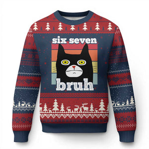 67 Bruh Meme Ugly Christmas Sweater Funny Six Seven Black Cat TS14 Navy Red Print Your Wear