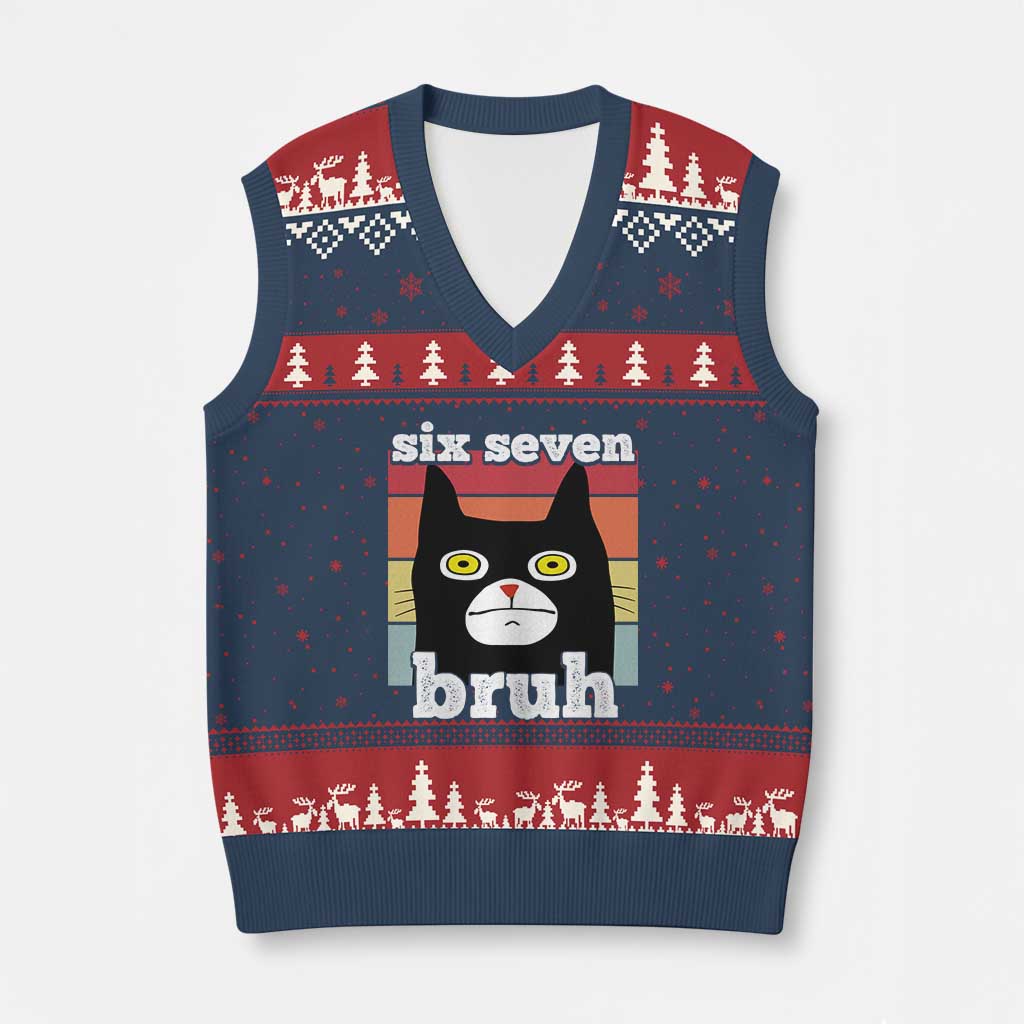 67 Bruh Meme V-Neck Knit Sweater Vest Funny Six Seven Black Cat TS14 Navy Red Print Your Wear