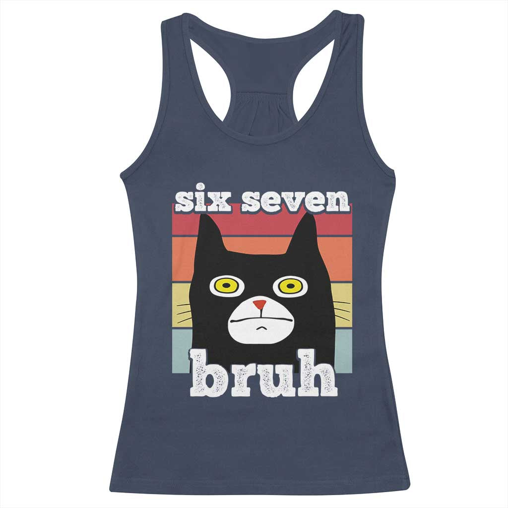 67 Bruh Meme Racerback Tank Top Funny Six Seven Black Cat TS14 Navy Print Your Wear