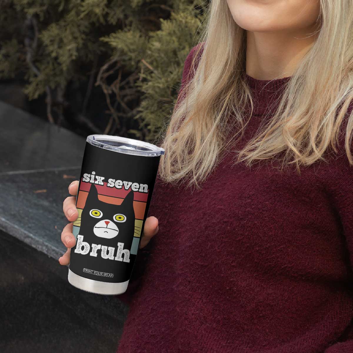 67 Bruh Meme Tumbler Cup Funny Six Seven Black Cat TS14 Print Your Wear