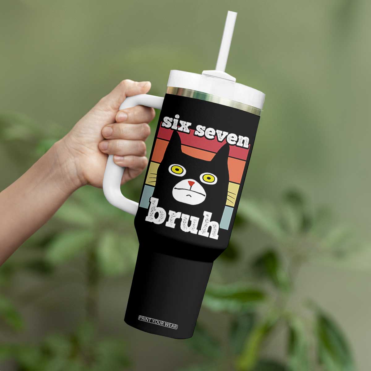 67 Bruh Meme Tumbler With Handle Funny Six Seven Black Cat TS14 Print Your Wear