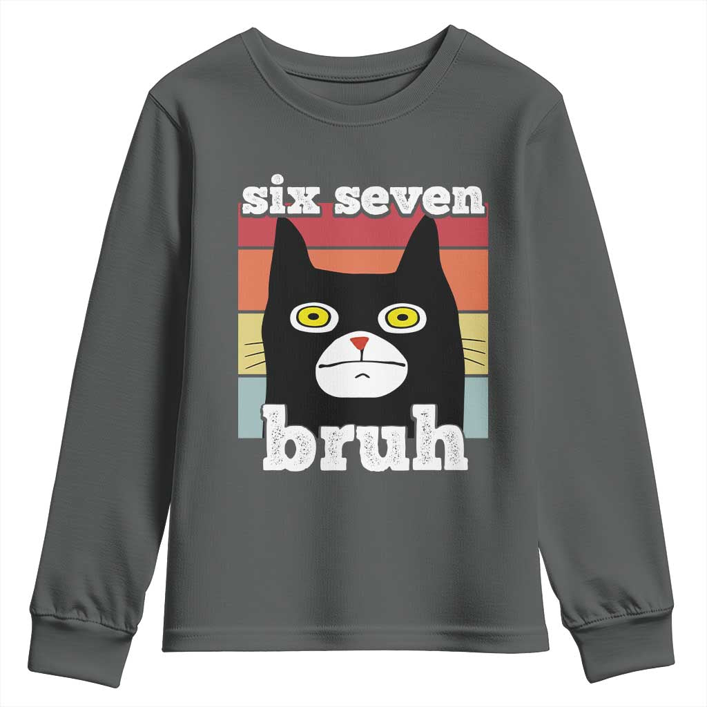 67 Bruh Meme Youth Sweatshirt Funny Six Seven Black Cat TS14 Dark Heather Print Your Wear