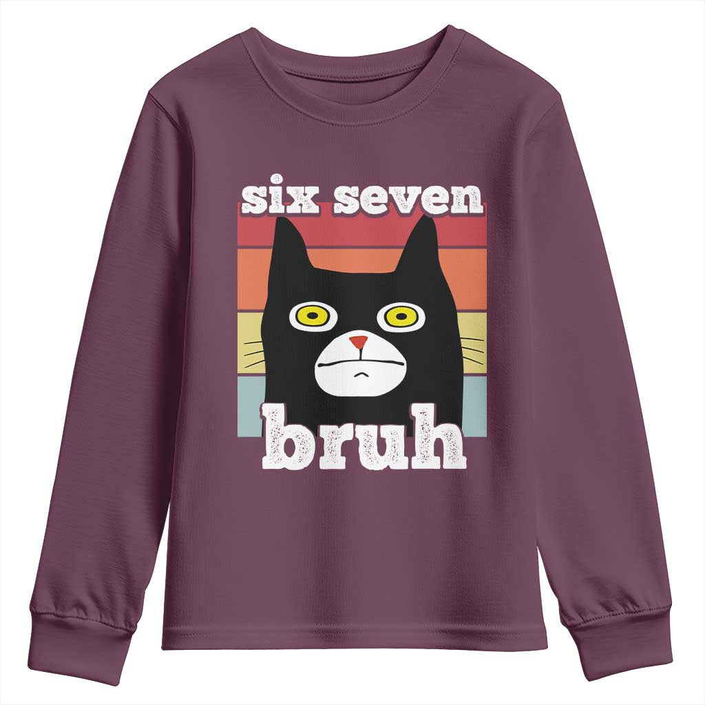 67 Bruh Meme Youth Sweatshirt Funny Six Seven Black Cat TS14 Maroon Print Your Wear