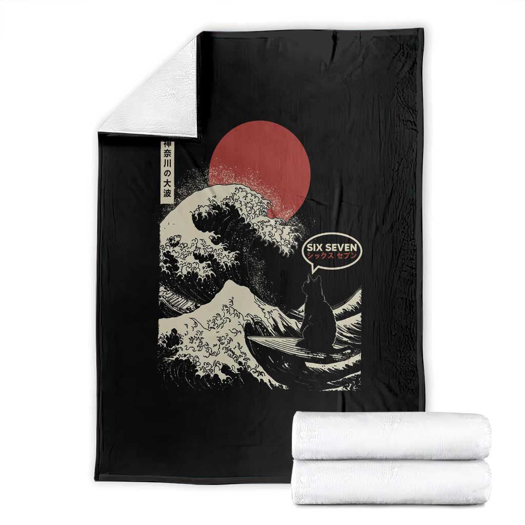 67 Six Seven Bruh Meme Throw Blanket Funny Japanese Black Cat Surfing The Great Wave Kanagawa TS14 Black Print Your Wear