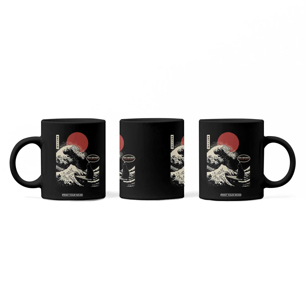 67 Six Seven Bruh Meme Coffee Mug Funny Japanese Black Cat Surfing The Great Wave Kanagawa TS14 Print Your Wear