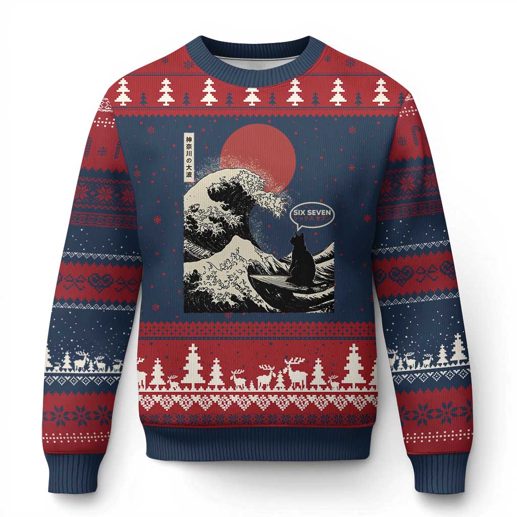 67 Six Seven Bruh Meme Ugly Christmas Sweater Funny Japanese Black Cat Surfing The Great Wave Kanagawa TS14 Navy Red Print Your Wear