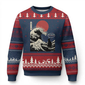 67 Six Seven Bruh Meme Ugly Christmas Sweater Funny Japanese Black Cat Surfing The Great Wave Kanagawa TS14 Navy Red Print Your Wear