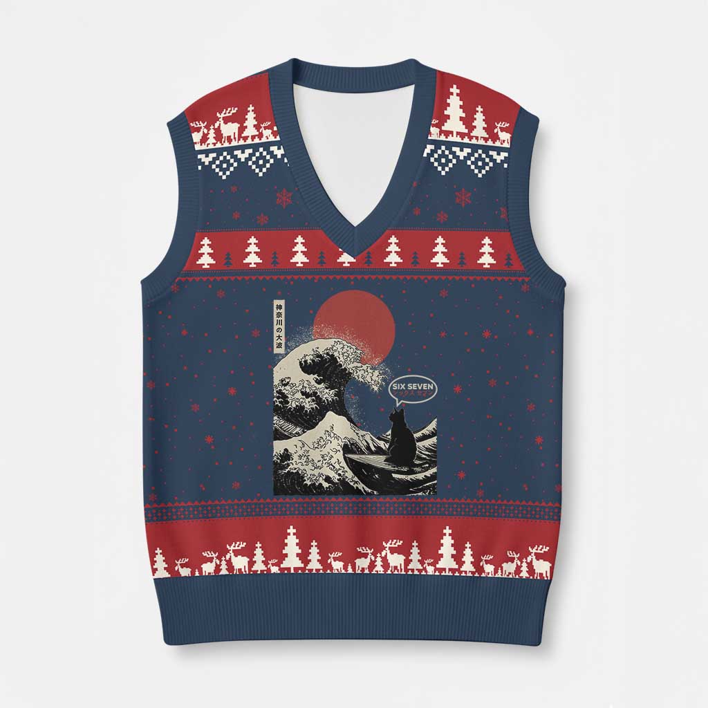 67 Six Seven Bruh Meme V-Neck Knit Sweater Vest Funny Japanese Black Cat Surfing The Great Wave Kanagawa TS14 Navy Red Print Your Wear