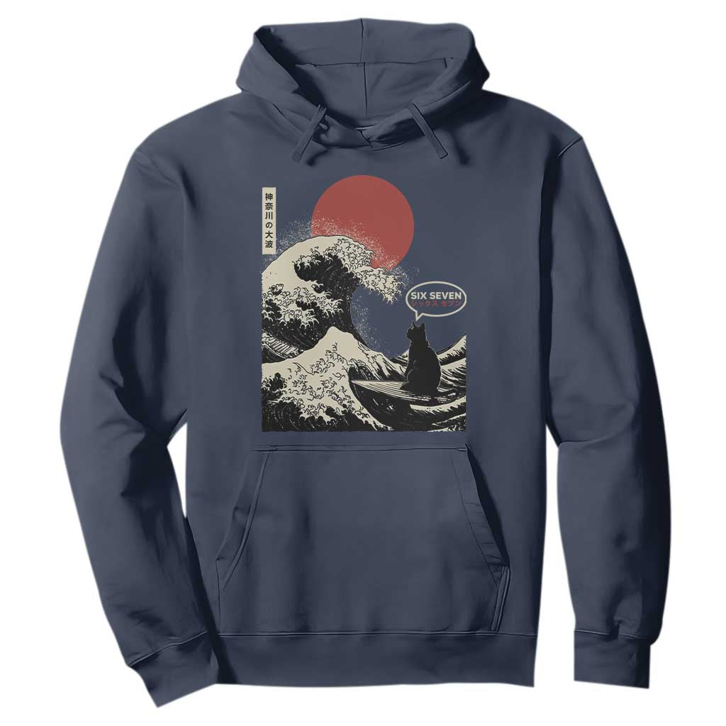 67 Six Seven Bruh Meme Hoodie Funny Japanese Black Cat Surfing The Great Wave Kanagawa TS14 Navy Print Your Wear
