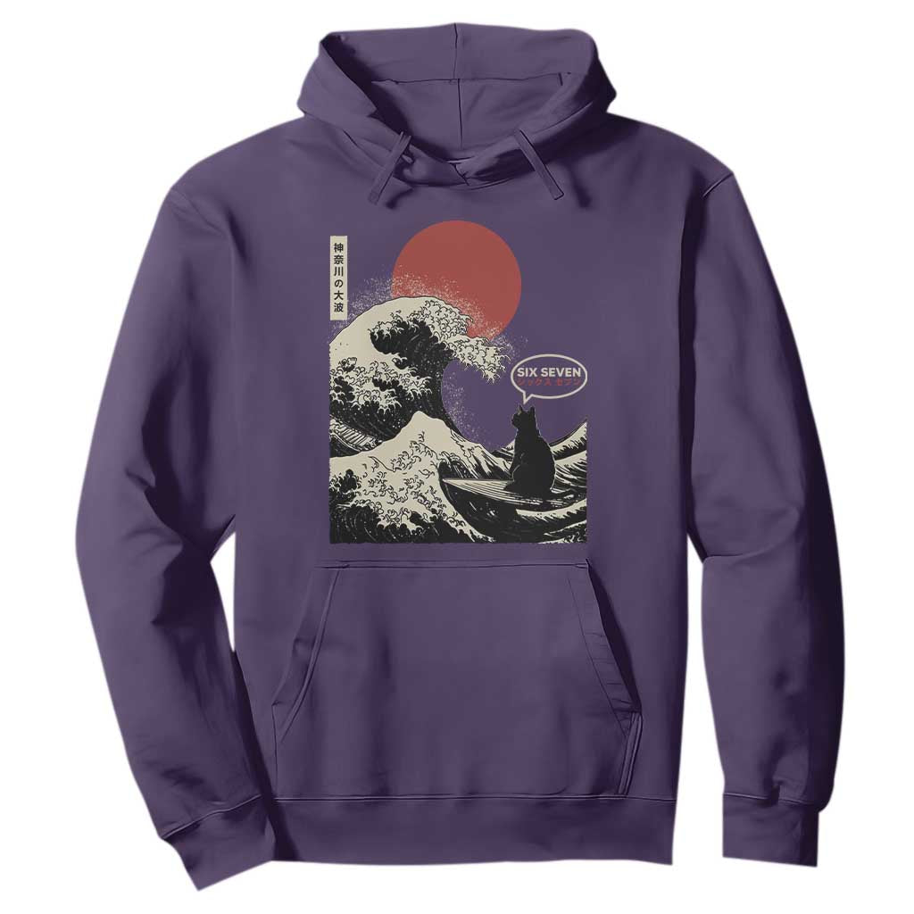 67 Six Seven Bruh Meme Hoodie Funny Japanese Black Cat Surfing The Great Wave Kanagawa TS14 Purple Print Your Wear