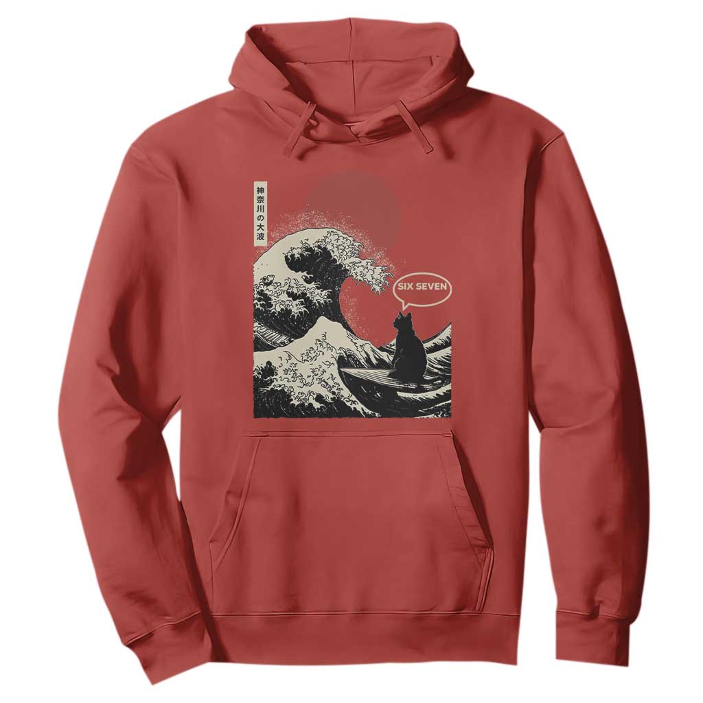 67 Six Seven Bruh Meme Hoodie Funny Japanese Black Cat Surfing The Great Wave Kanagawa TS14 Red Print Your Wear