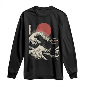 67 Six Seven Bruh Meme Long Sleeve Shirt Funny Japanese Black Cat Surfing The Great Wave Kanagawa TS14 Black Print Your Wear