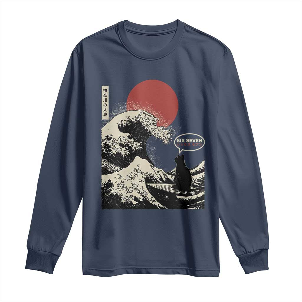 67 Six Seven Bruh Meme Long Sleeve Shirt Funny Japanese Black Cat Surfing The Great Wave Kanagawa TS14 Navy Print Your Wear