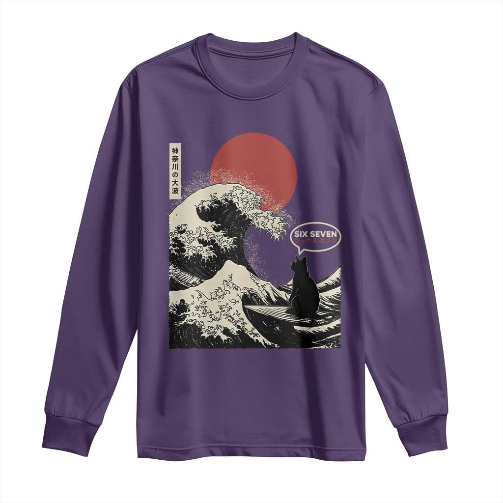 67 Six Seven Bruh Meme Long Sleeve Shirt Funny Japanese Black Cat Surfing The Great Wave Kanagawa TS14 Purple Print Your Wear