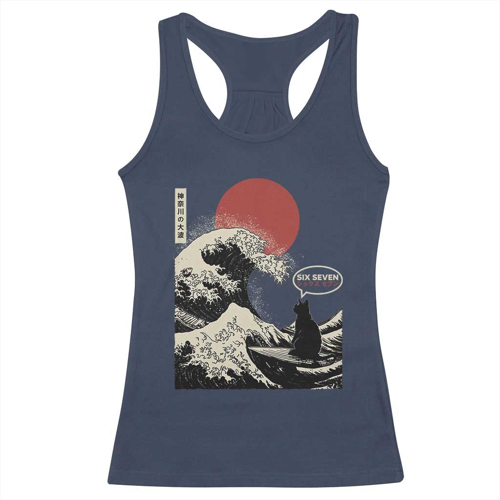 67 Six Seven Bruh Meme Racerback Tank Top Funny Japanese Black Cat Surfing The Great Wave Kanagawa TS14 Navy Print Your Wear