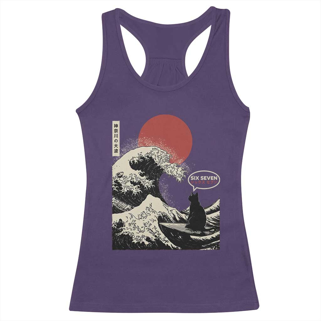 67 Six Seven Bruh Meme Racerback Tank Top Funny Japanese Black Cat Surfing The Great Wave Kanagawa TS14 Purple Print Your Wear