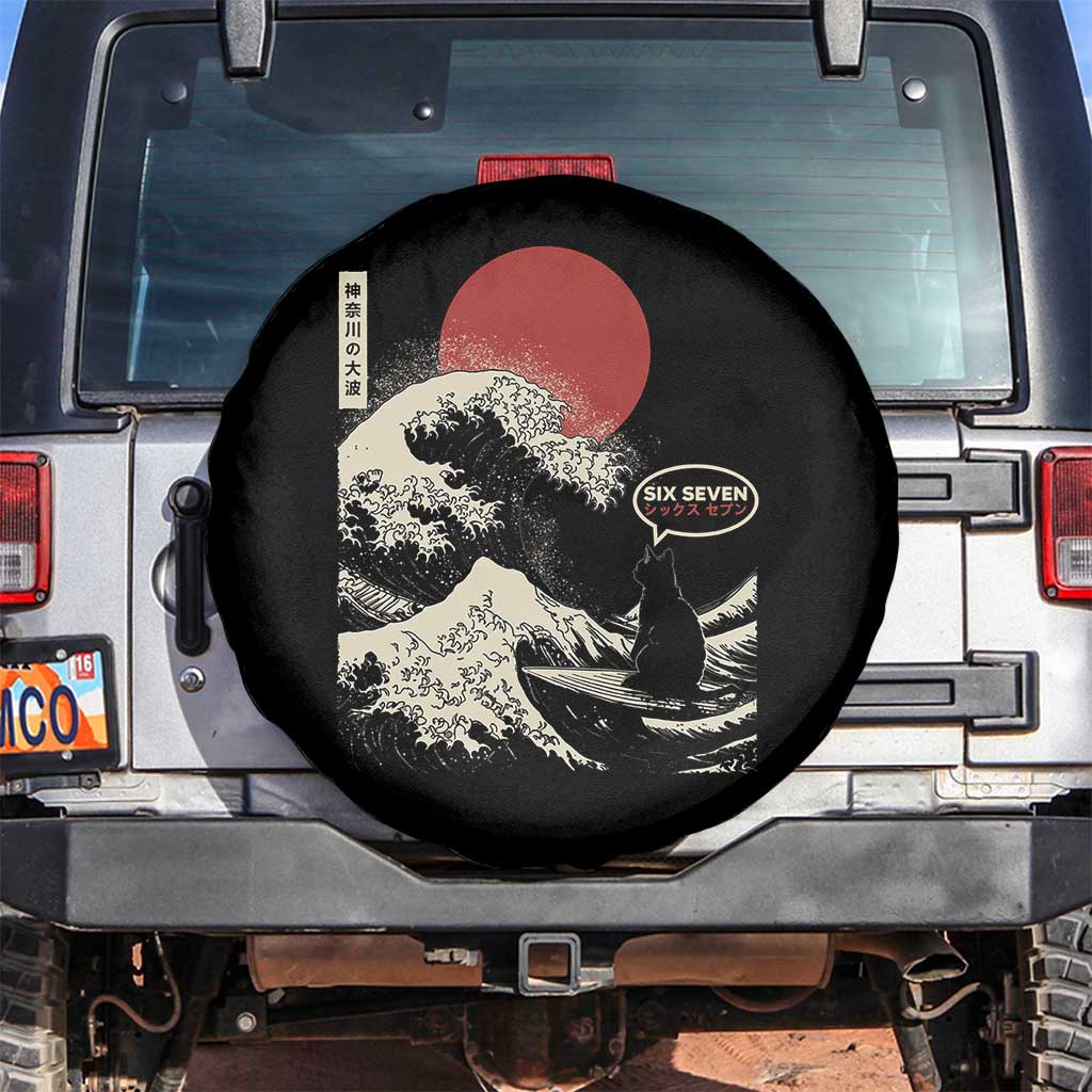 67 Six Seven Bruh Meme Spare Tire Cover Funny Japanese Black Cat Surfing The Great Wave Kanagawa TS14 No hole Black Print Your Wear
